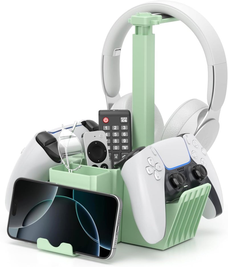 KDD Dual Controller Holder with Headphone Stand - Multi-Functional Desk Storage Box with Phone Holder - Universal Controller Stand with Desktop Organizer for Remote Control Pen Accessories(Green) - Image 1